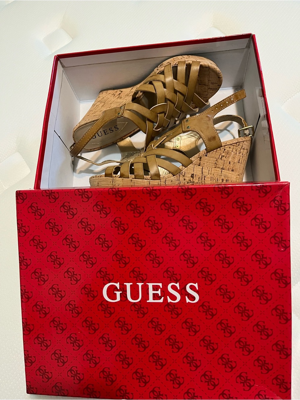 GUESS Tan Woven Leather Cork Wedge Sandals